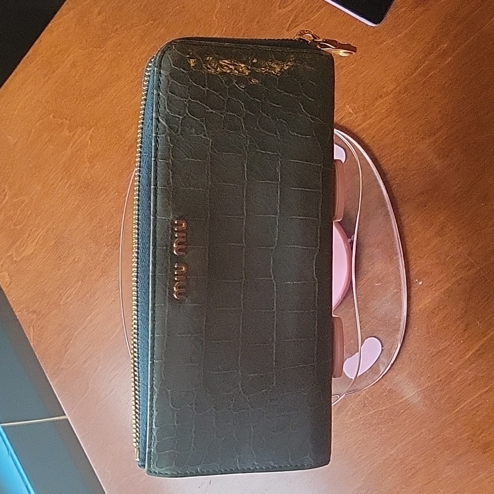 Miu Miu Aqua Croc Embossed Zip Around Wallet